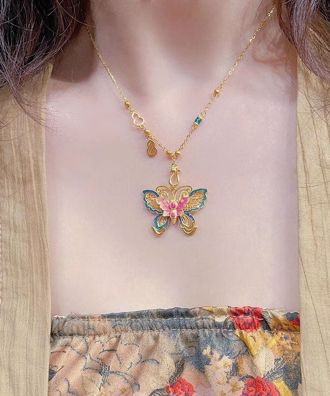 Collier pendentif papillon en argent sterling émaillé surdoré de style chinois - Urbann-Vibe