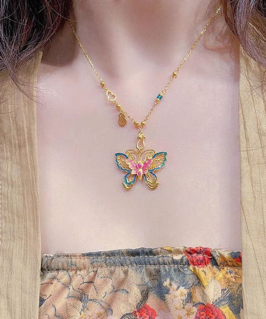 Collier pendentif papillon en argent sterling émaillé surdoré de style chinois - Urbann-Vibe