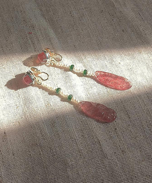 Boucles d'oreilles pendantes en résine et cristal rouge pastèque de style chinois - Urbann-Vibe