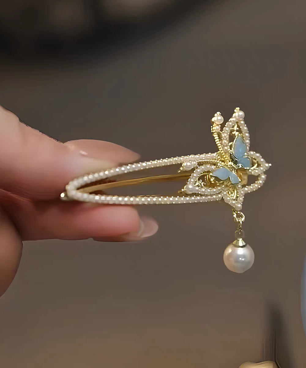 Épingle à cheveux à pompon en alliage blanc de style chinois avec perles et papillon - Urbann-Vibe