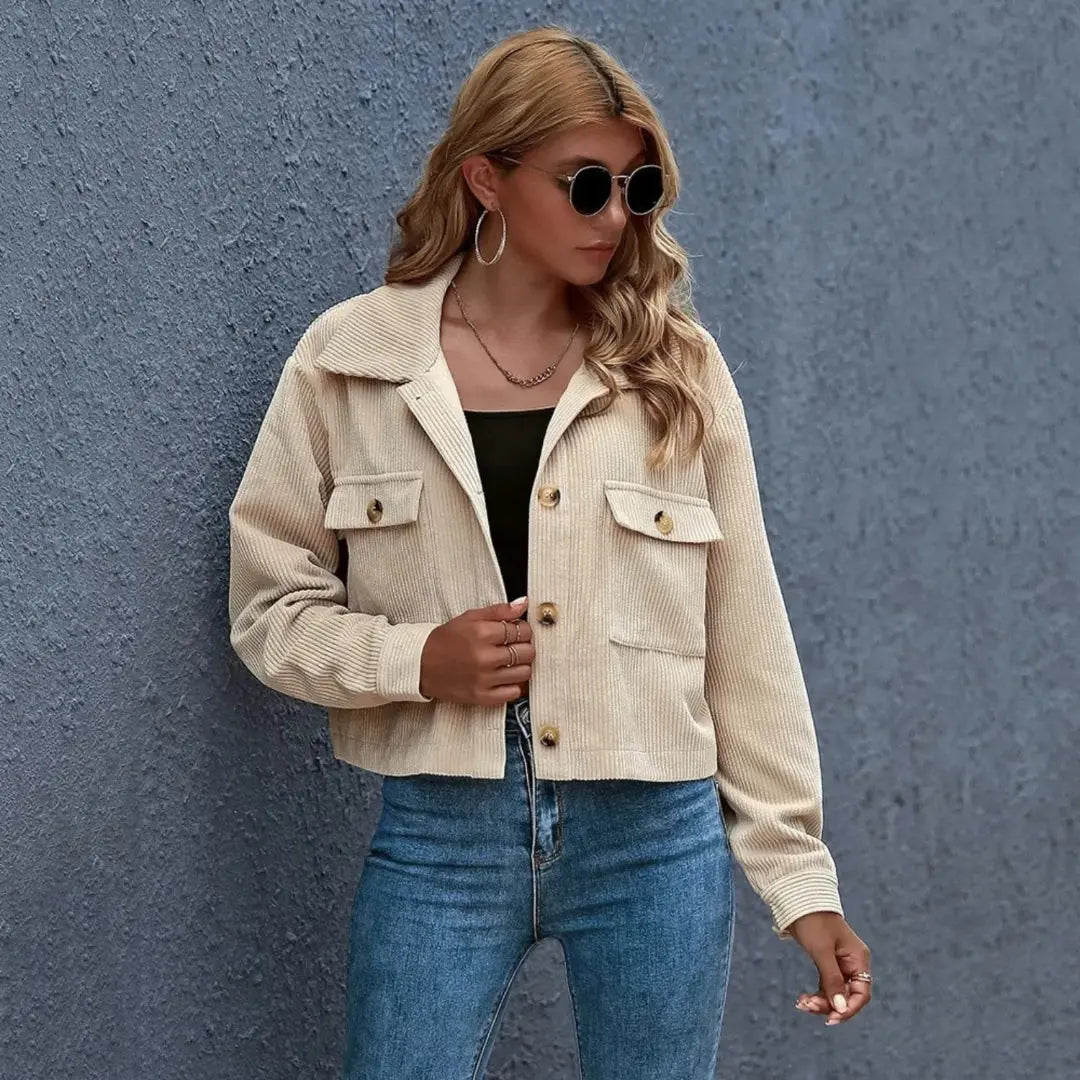 Chloe cropped corduroy jacket beige collared button-up with structured chest pockets vintage style
