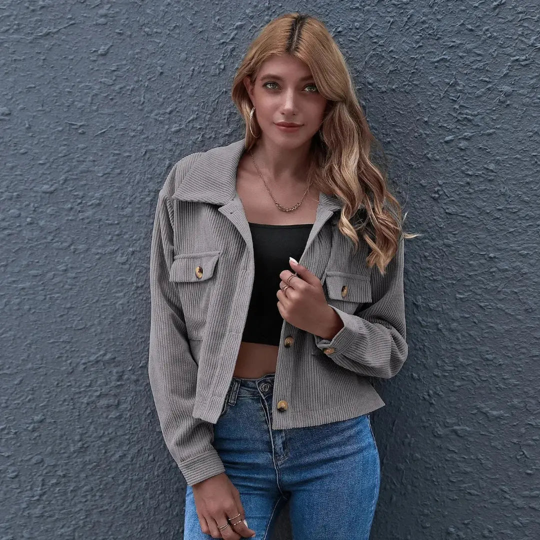 Chloe cropped corduroy jacket beige collared button-up with structured chest pockets vintage style