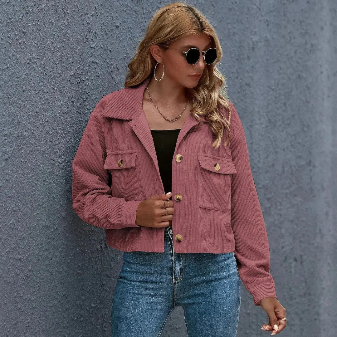 Chloe cropped corduroy jacket beige collared button-up with structured chest pockets vintage style