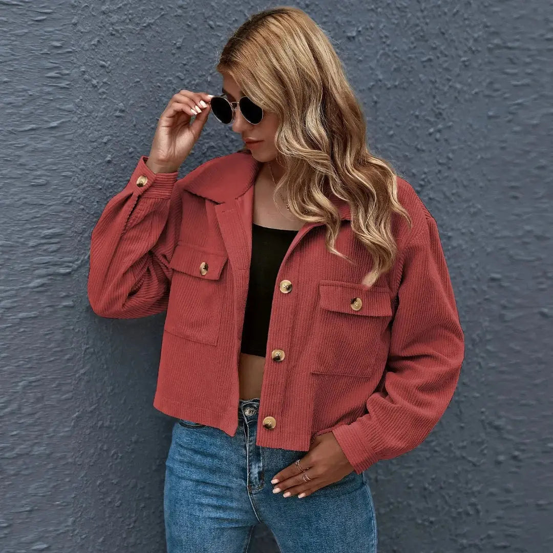 Chloe cropped corduroy jacket with collar, button-up front, and structured chest pockets in casual style