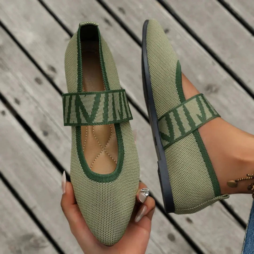 Chloe breathable knit Mary Jane flats pointed toe slip-on with bold strap detail in neutral tone