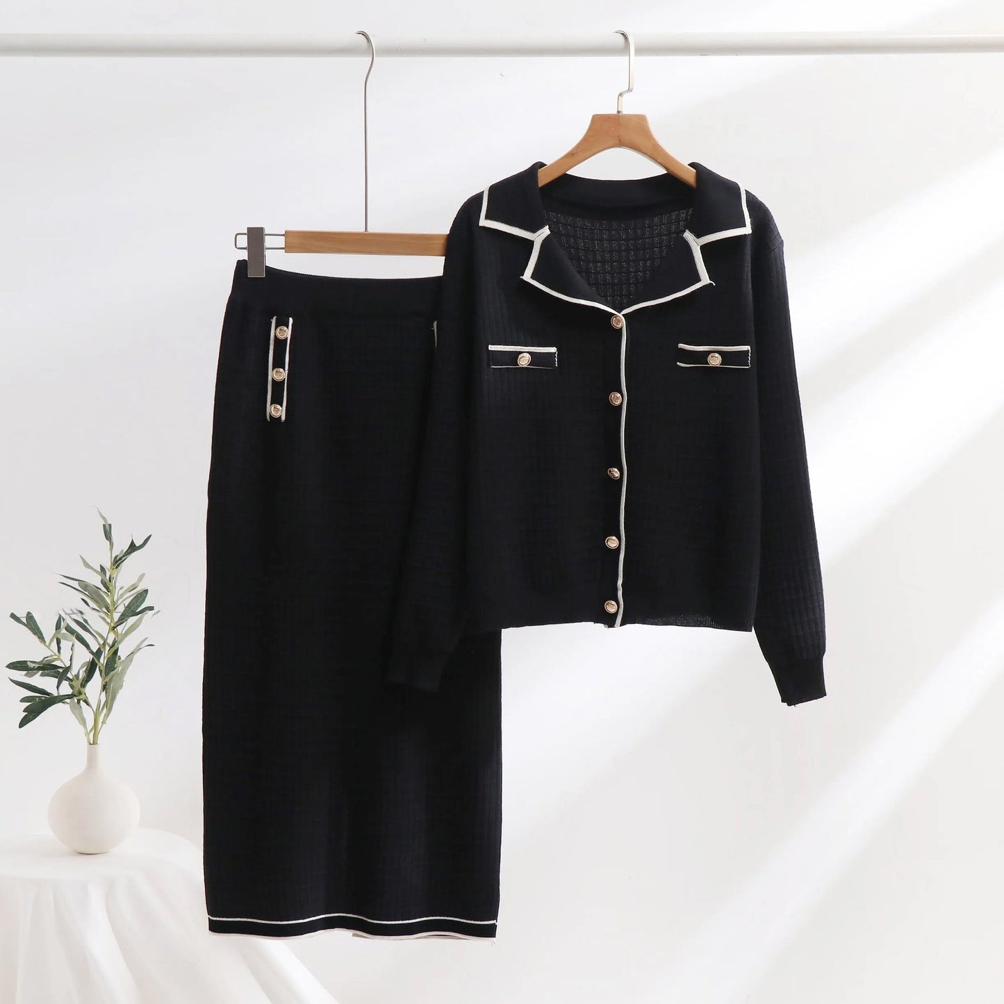 Women's knit two-piece set polo neck cardigan slim pencil skirt textured pattern work chic