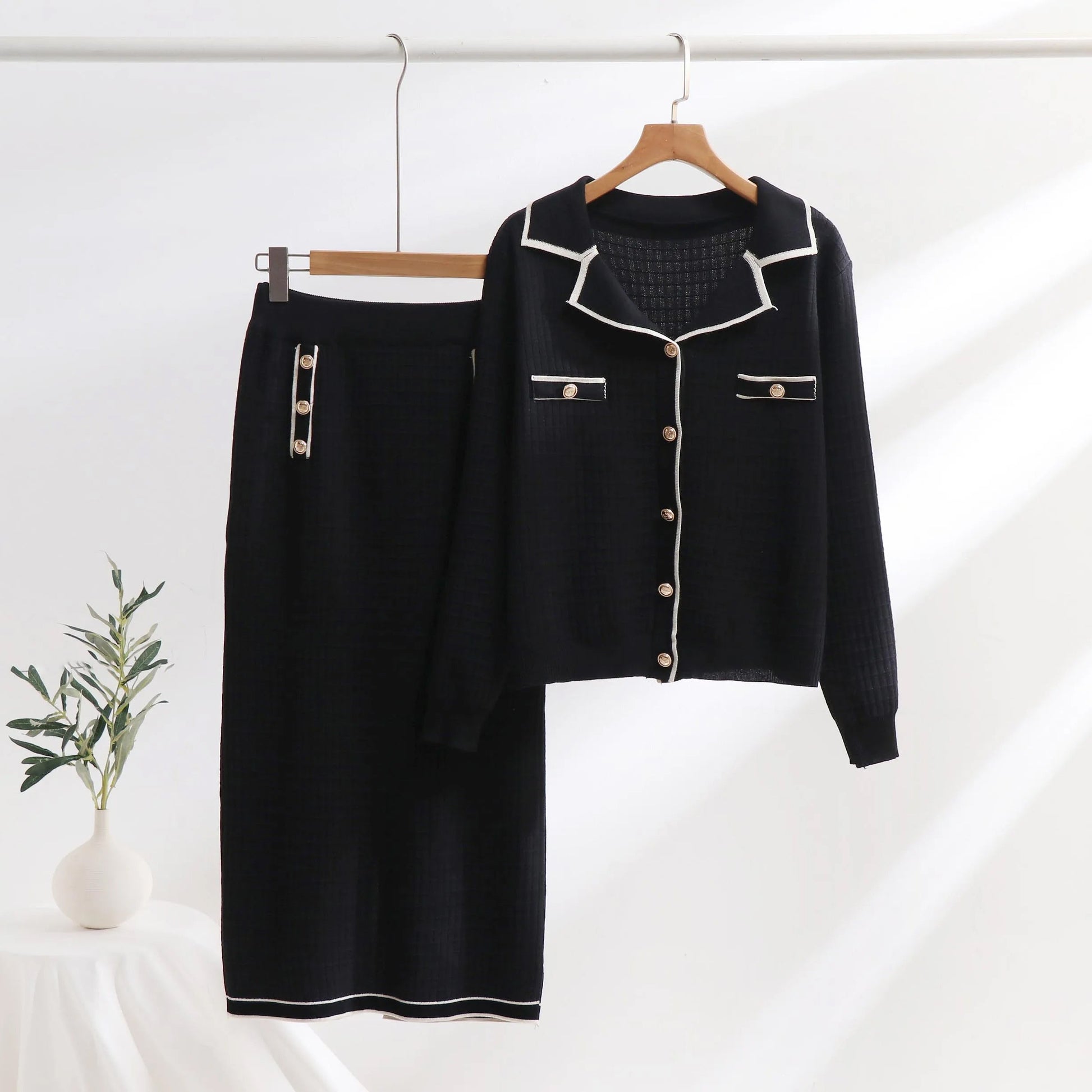 Women's knit two-piece set polo neck cardigan slim pencil skirt textured pattern work chic