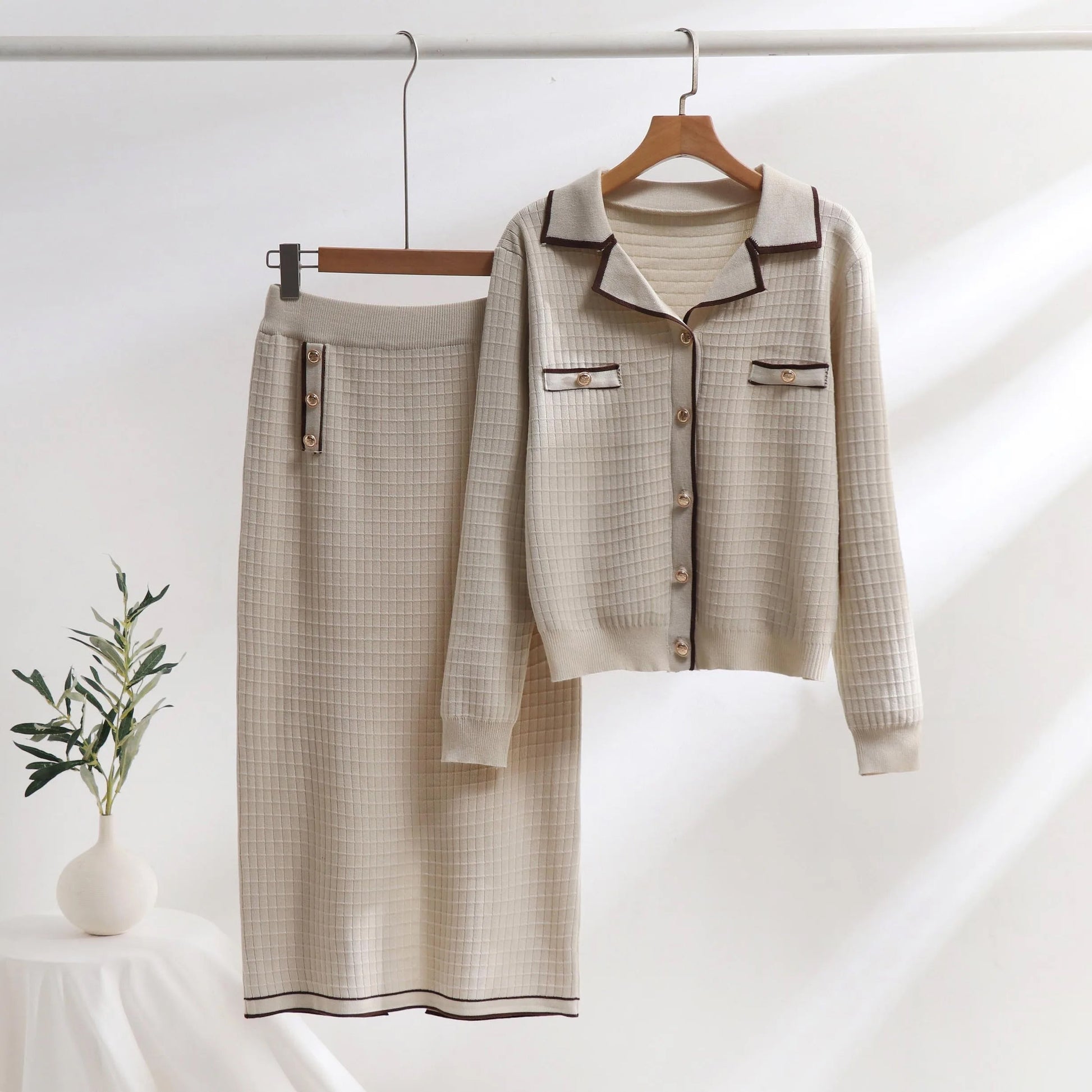 Chloé textured knit polo neck cardigan slim fit skirt set neutral toned button detailing