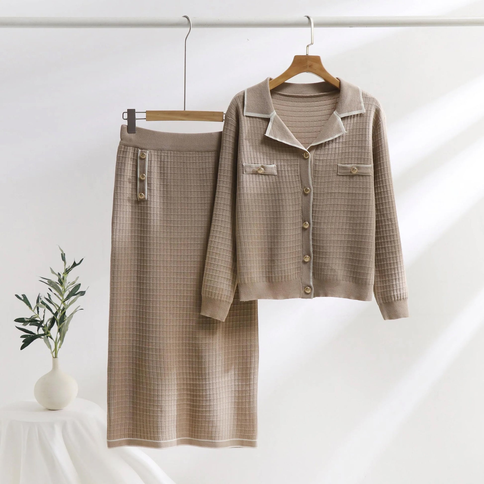 Chloé textured knit polo neck cardigan slim fit skirt set in neutral fall tones with button detailing