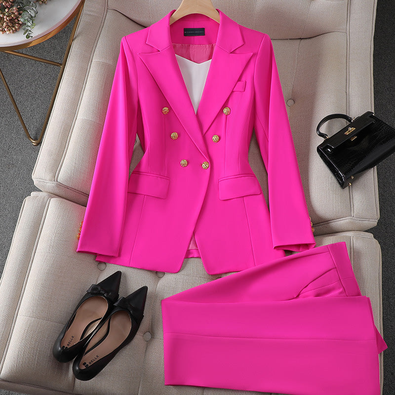 Rose two-piece blazer trouser suit sharp lapel gold closures professional women career ensemble