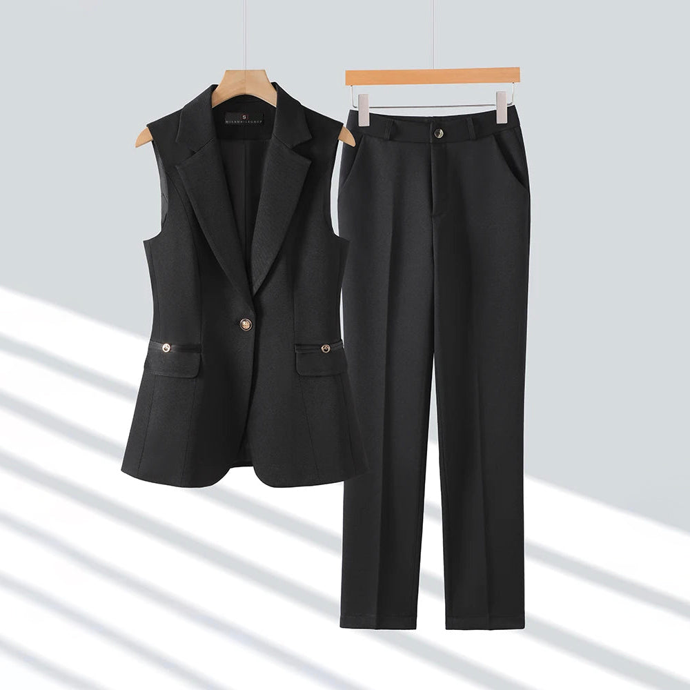 Chloé Montclair black tailored vest and pencil pants set with sleek executive silhouette