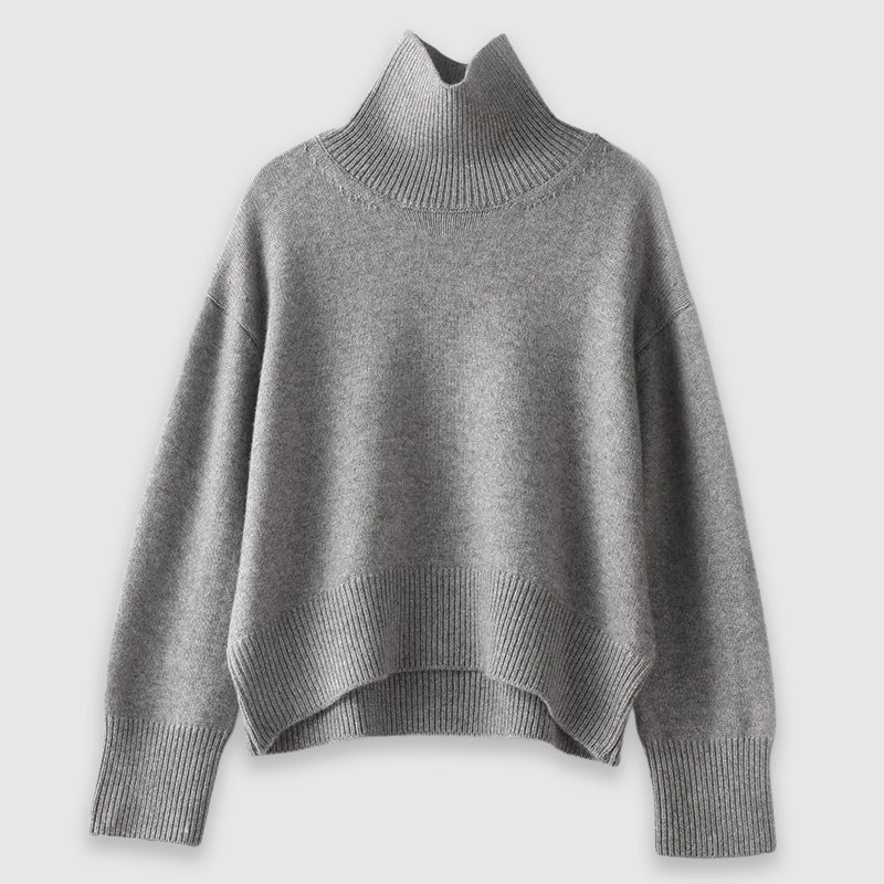 Women's ivory cashmere turtleneck sweater thick knit relaxed fit with classic roll-neck collar