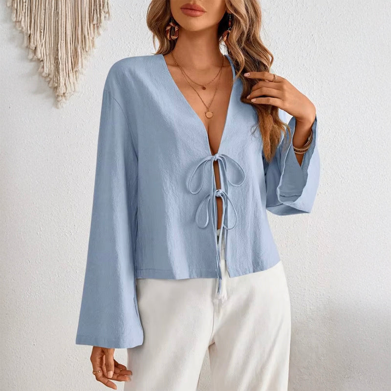 Chloe Montclair Villarosa lace-up blouse, flowy tie-front top with flared sleeves in featherlight fabric