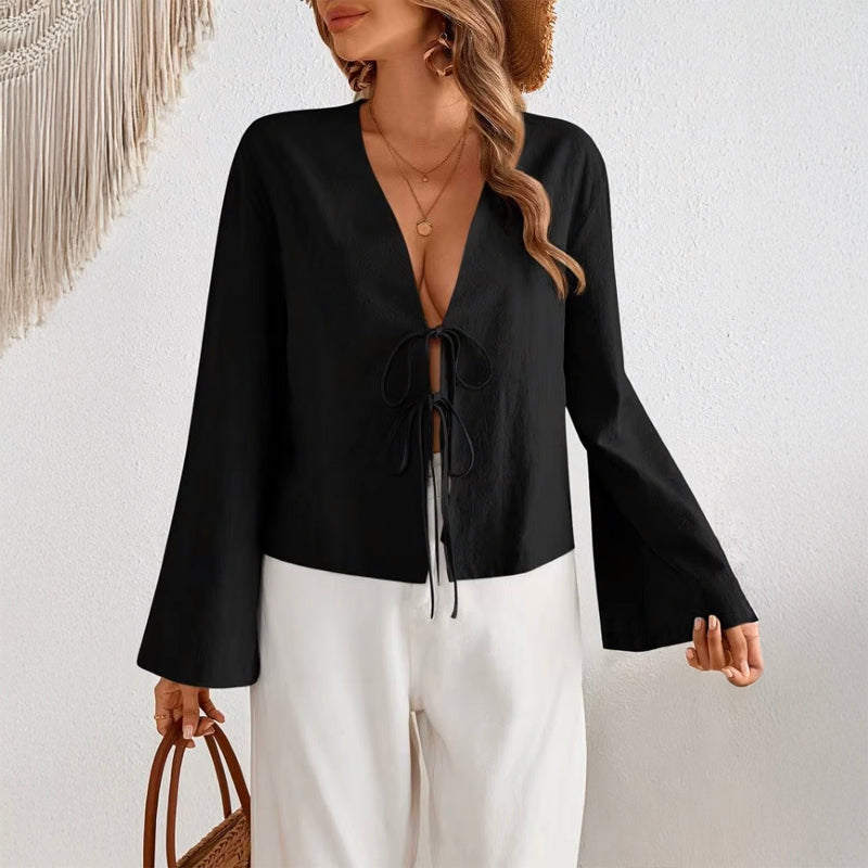 Chloe Montclair Villarosa lace-up blouse, flowy tie-front top with flared sleeves in featherlight fabric