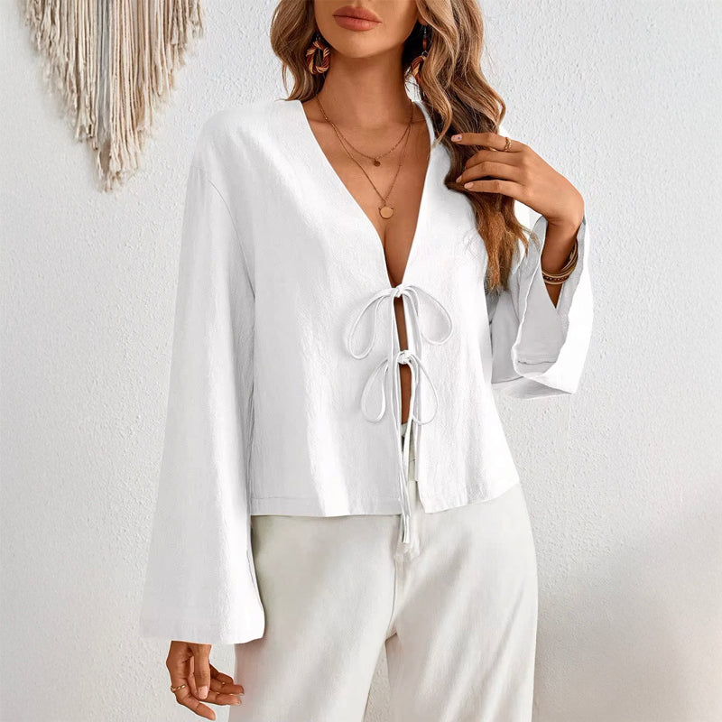 Chloe Montclair Villarosa lace-up blouse featherlight tie-front flared sleeves relaxed silhouette