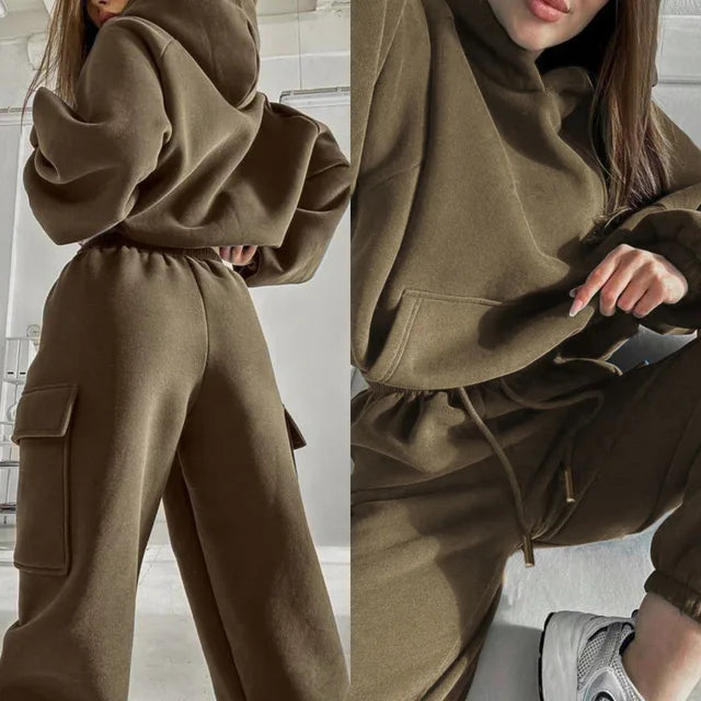 Women's cargo pocket hoodie and joggers set relaxed fit streetwear two-piece matching outfit