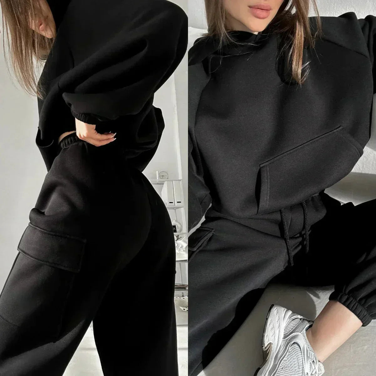 Women's cargo pocket hoodie and joggers set relaxed streetwear matching tracksuit with utility pockets