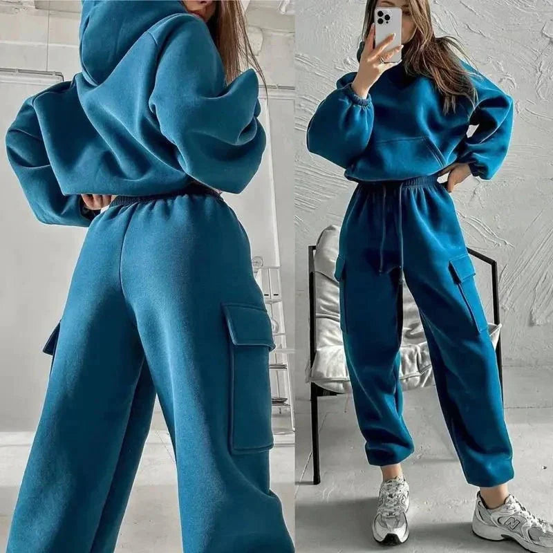 Women's cargo hoodie and jogger set streetwear relaxed fit with multi-pocket design