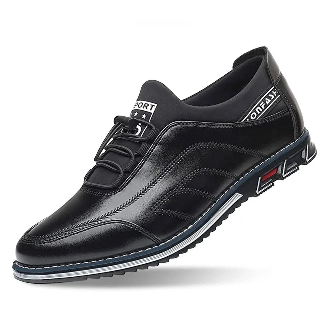 Men's glossy faux leather lace-up sneakers with elastic collar, sleek streetwear style