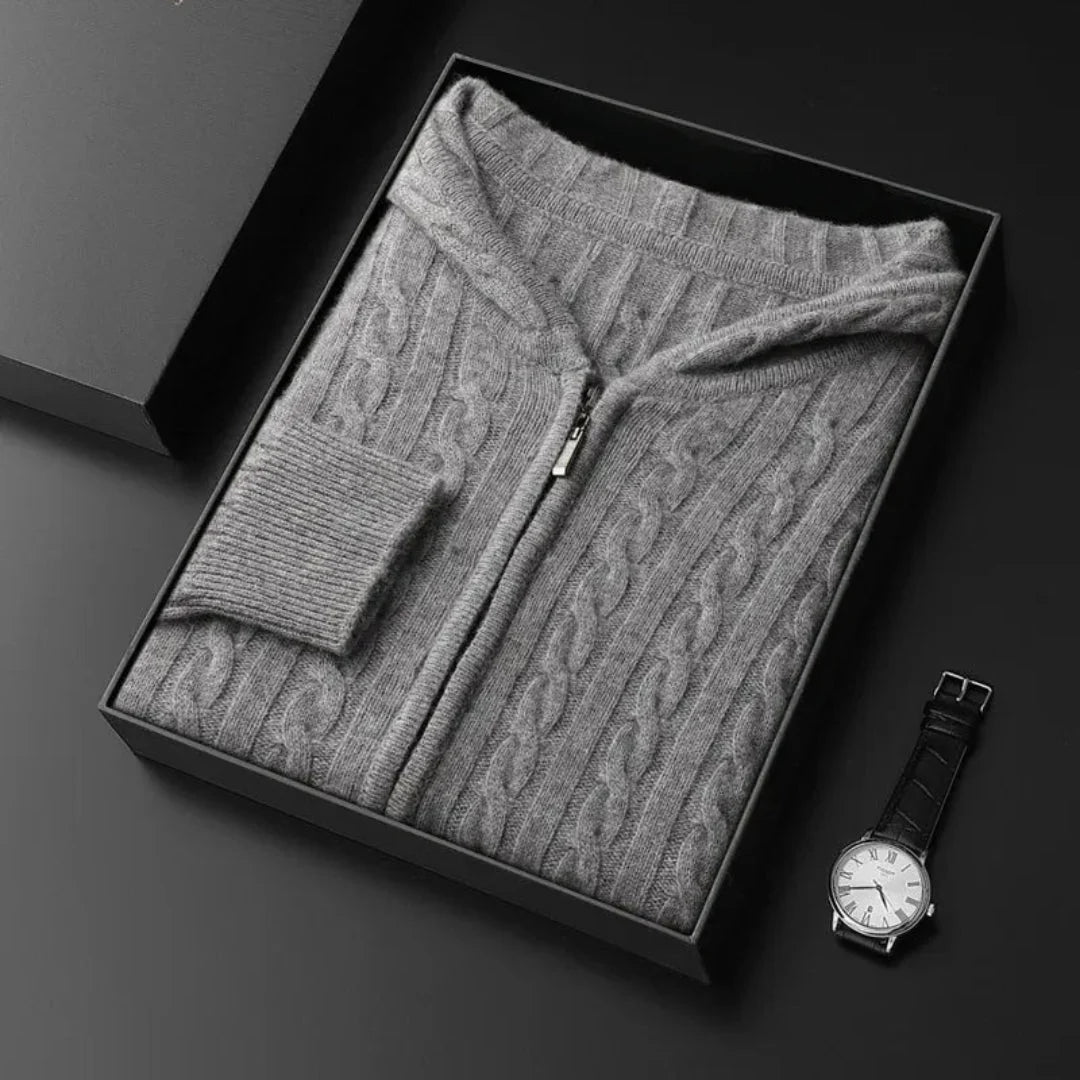 Men's gray cable knit hooded sweater full-zip wool blend with classic textured pattern
