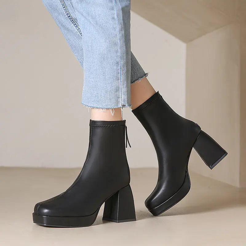 Women's chunky heel ankle boots square toe visible stitching soft cotton lining 6-8cm stable heel