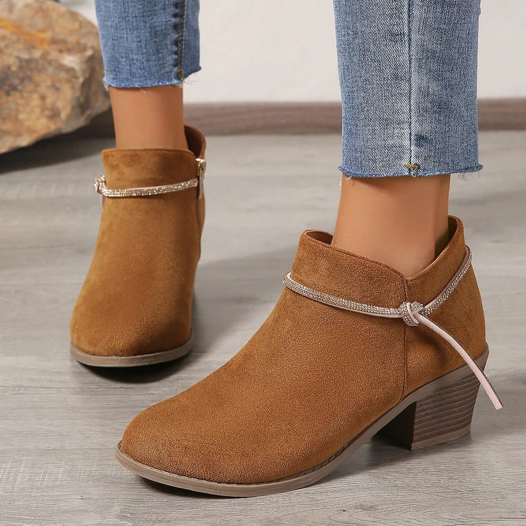 Women's black chunky heel ankle boots soft brushed fabric zip closure chic versatile style