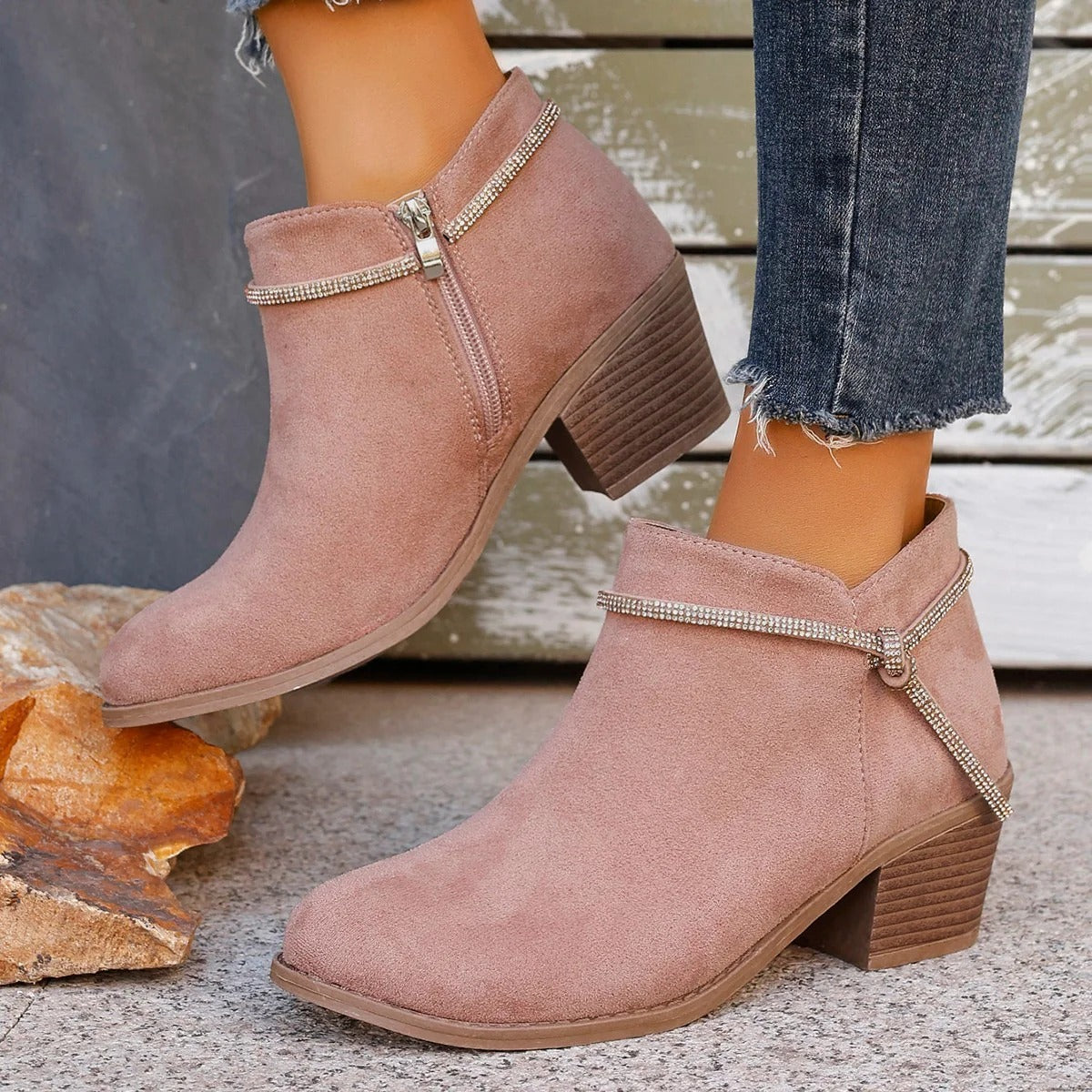 Women's black chunky heel ankle boots soft brushed fabric zip closure chic everyday style