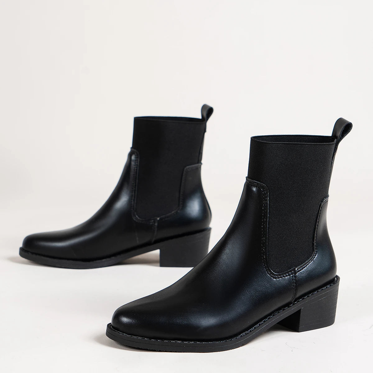 Women's black chunky heel Chelsea boots pointed toe sewn thread detail PU leather timeless style