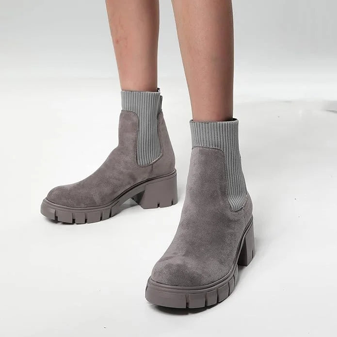 Women's black suede chunky heel winter boots with elastic slip-on band and durable rubber sole