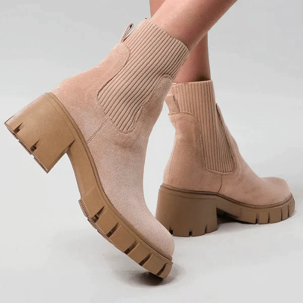 Women's black suede chunky heel winter boots with elastic slip-on band and durable rubber sole