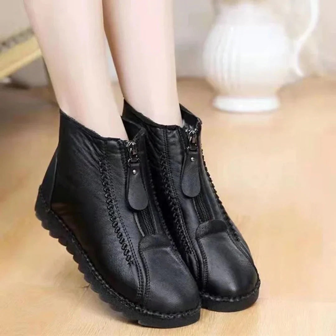 Women's black PU leather ankle boots chunky sole front zip closure everyday fashion footwear