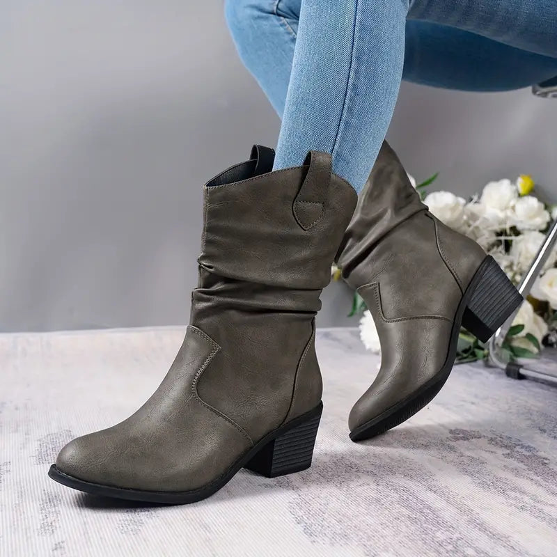 Women's chunky block heel slip-on boots retro Western cowboy style brown leather-look everyday wear
