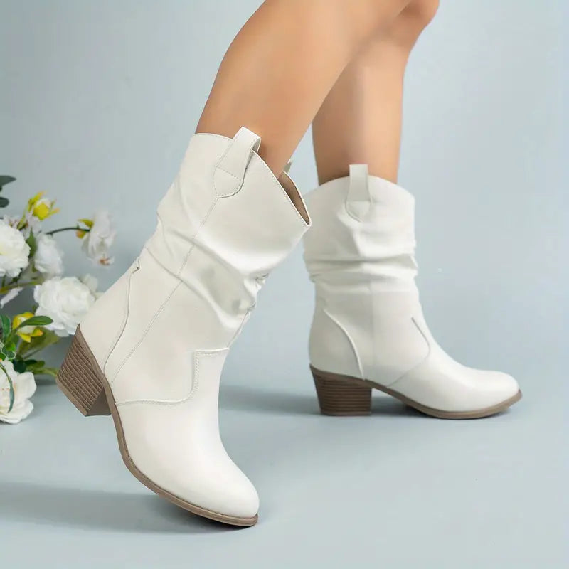 Women's chunky block heel slip-on boots retro Western cowboy style durable everyday wear