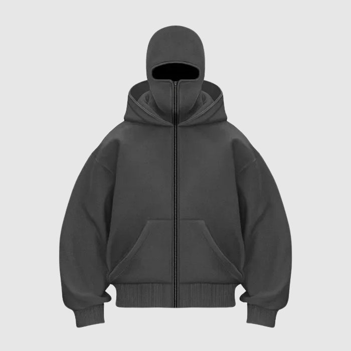 Black zip hoodie with built-in balaclava mask, heavy fabric streetwear urban style full-zip design