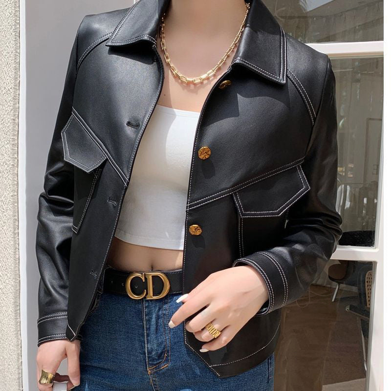 Women's black cropped oversized leather jacket urban style with city-ready silhouette