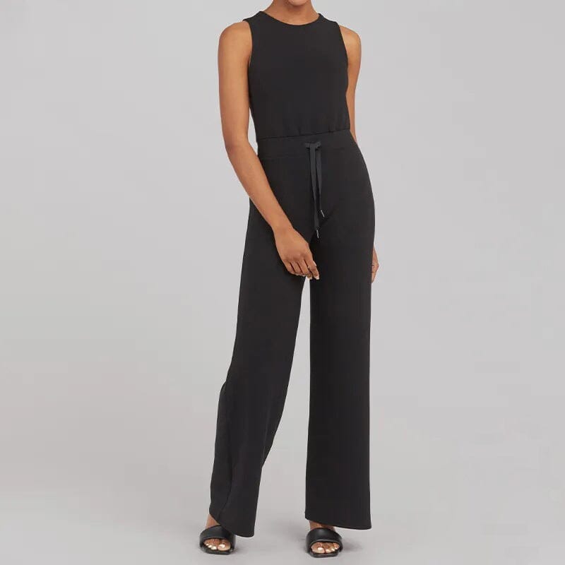Women's sleeveless fine knit jumpsuit elegant silhouette drawstring waist lightweight breathable fabric