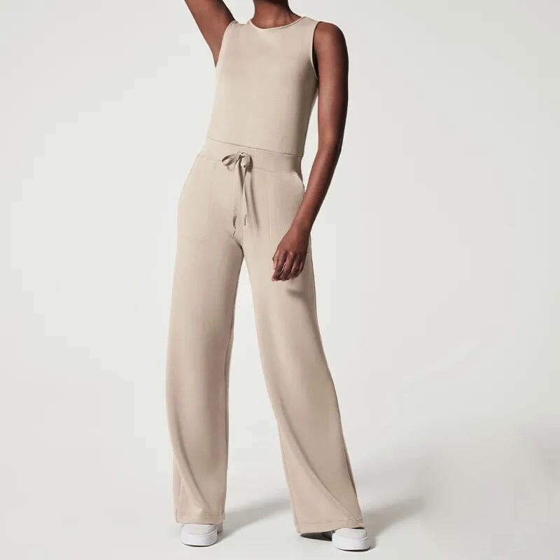 Women's sleeveless fine knit jumpsuit elegant silhouette drawstring waist lightweight for weddings