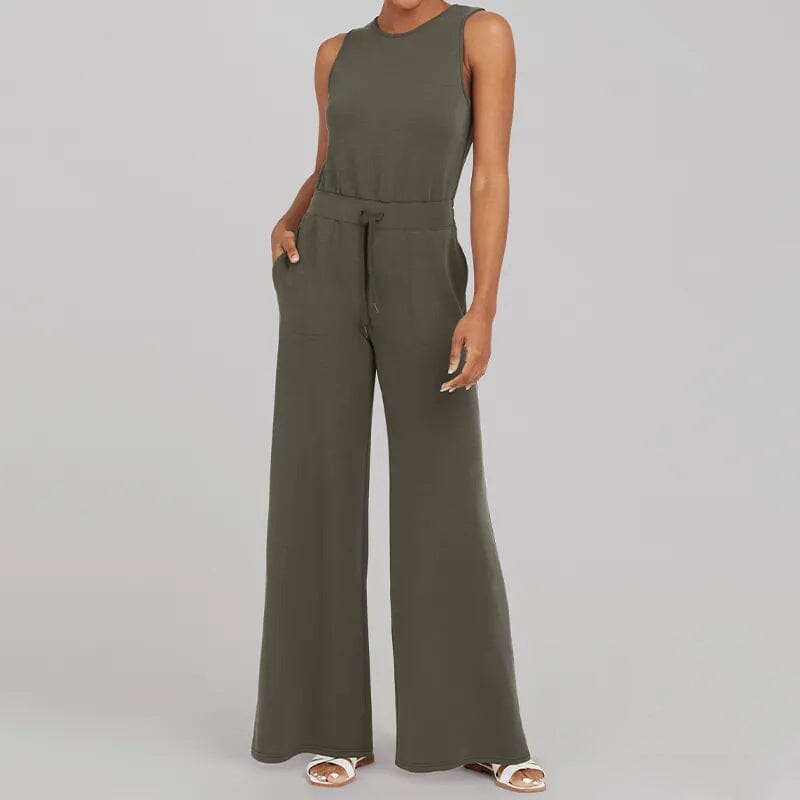 Women's sleeveless fine knit jumpsuit in elegant silhouette with adjustable drawstring waist