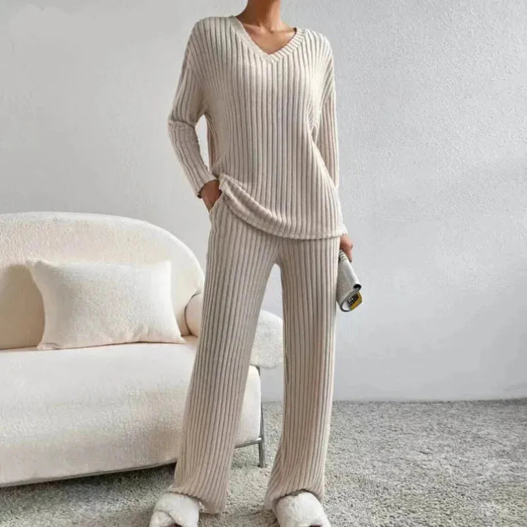 Women's ribbed cotton-blend knit loungewear set, relaxed V-neck sweater and wide-leg pants