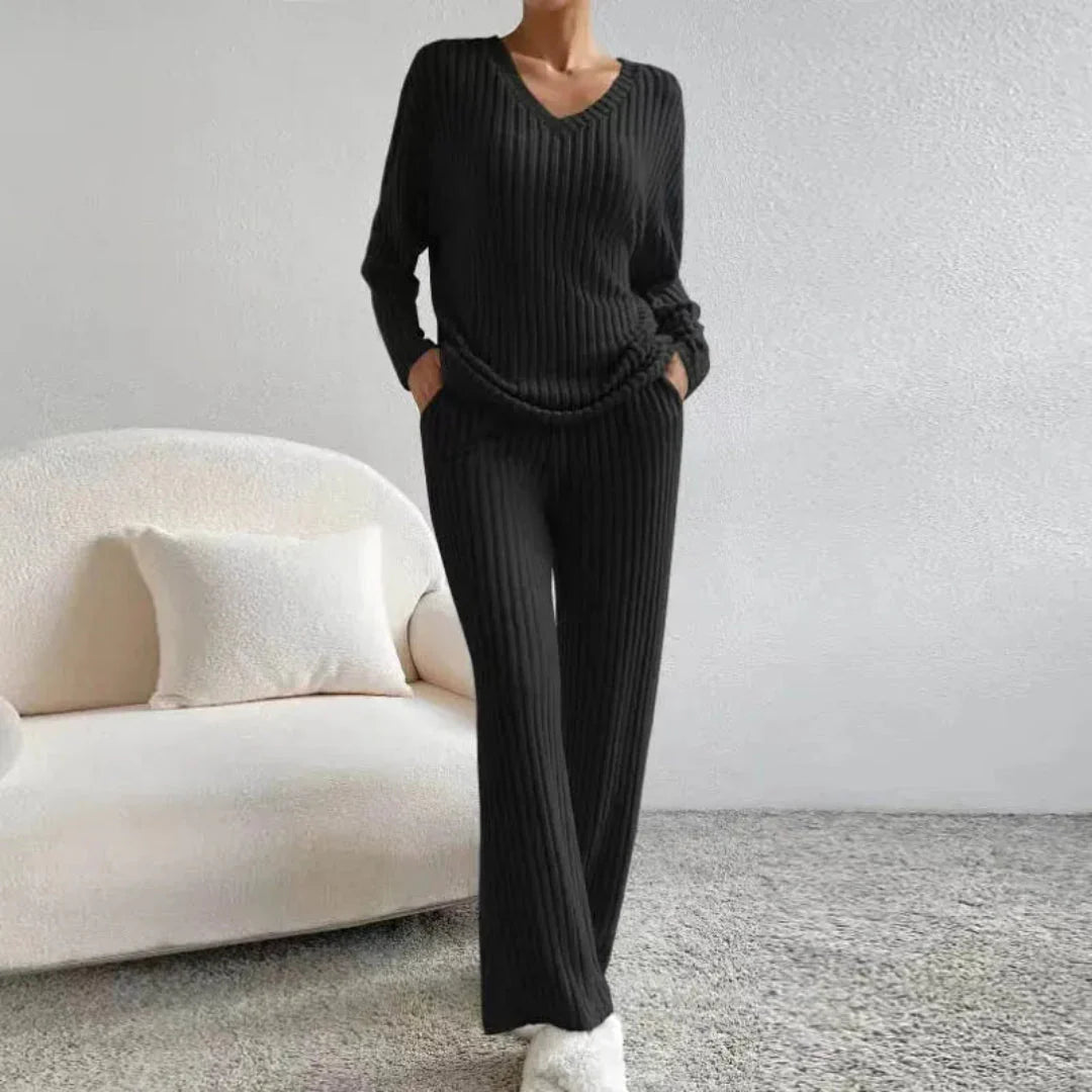Women's ribbed cotton-blend knit loungewear set, relaxed V-neck sweater and wide-leg pants