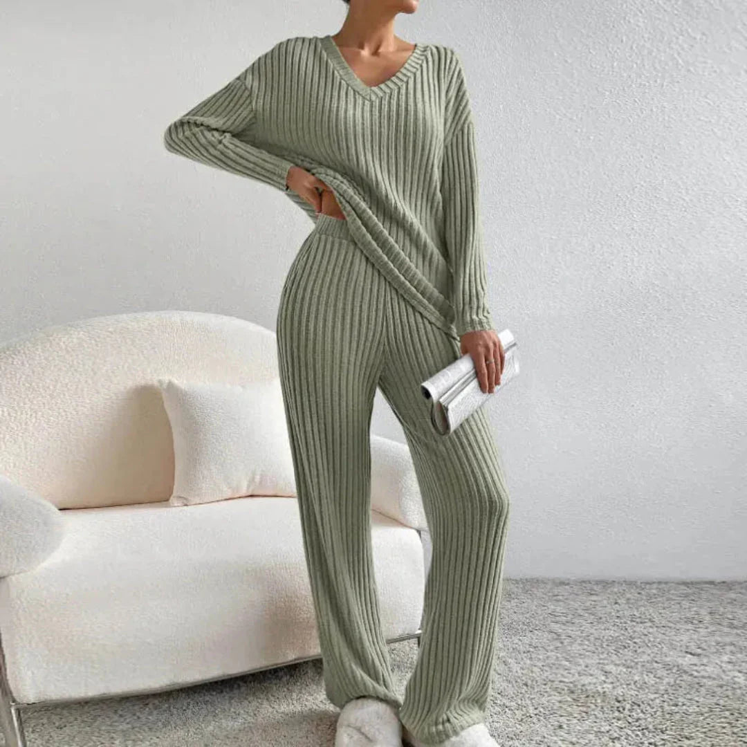 Women's ribbed cotton-blend knit loungewear set, relaxed V-neck sweater and wide-leg pants