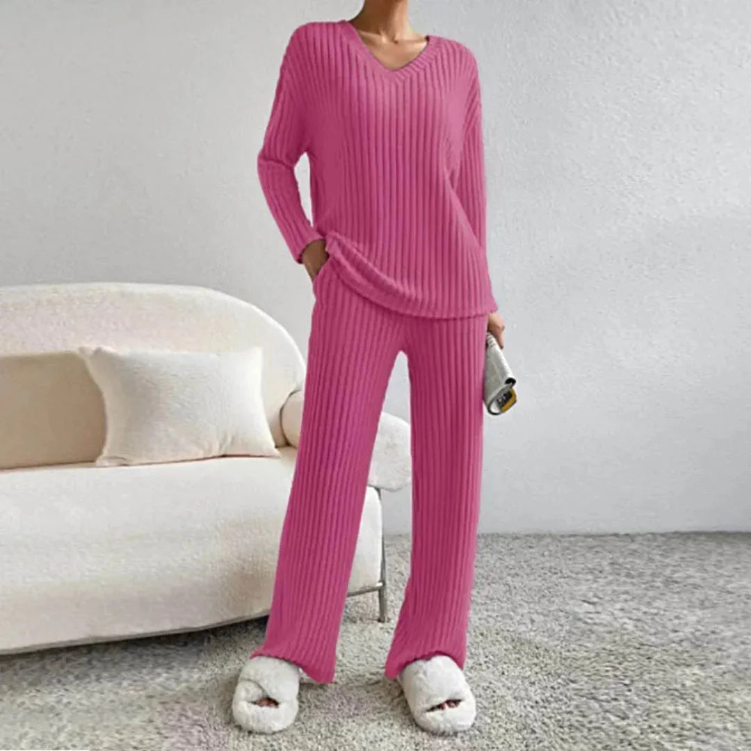 Women's ribbed cotton-blend knit loungewear set, relaxed V-neck sweater and wide-leg pants