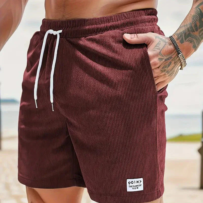 Men's beige corduroy drawstring shorts relaxed fit textured fabric casual beach everyday style