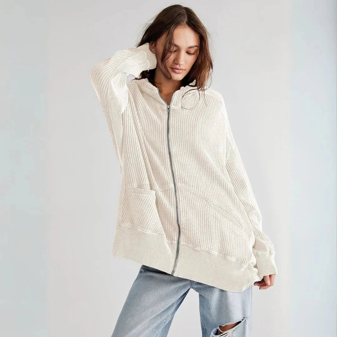 Women's oversized waffle knit zip hoodie in cloud soft neutral tone with relaxed fit and front pockets