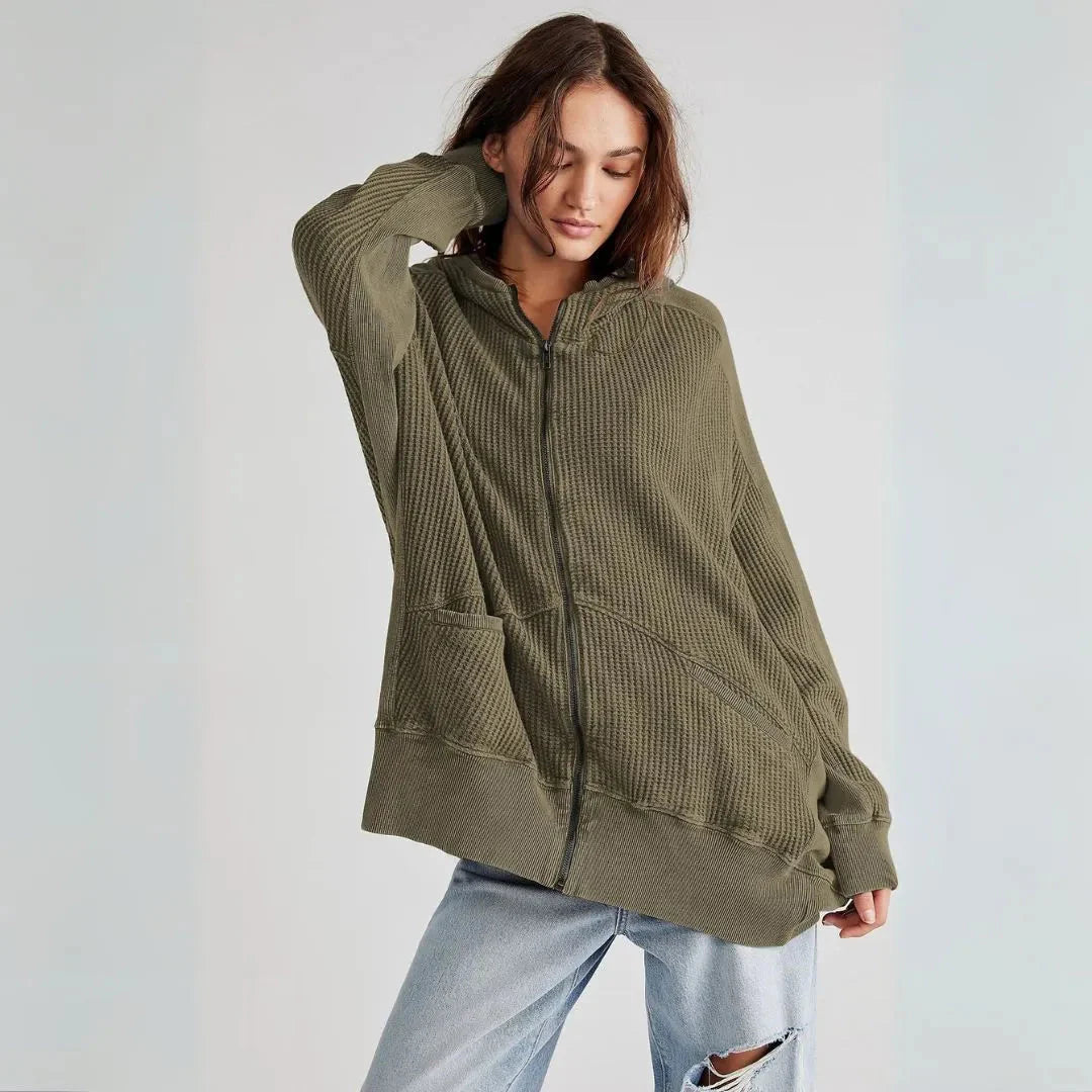 Women's oversized waffle knit zip hoodie in cloud soft fabric with relaxed fit and front pockets