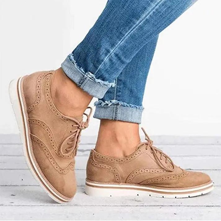 Women's black brown synthetic brogue trainers lace-up flat sole timeless elegant everyday comfort
