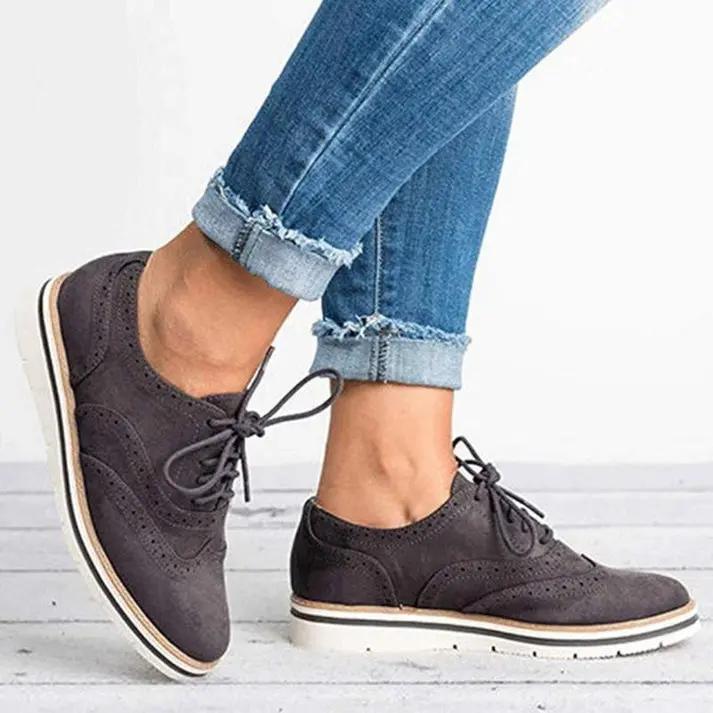 Women's black brown synthetic brogue trainers lace-up flat sole timeless elegant everyday comfort