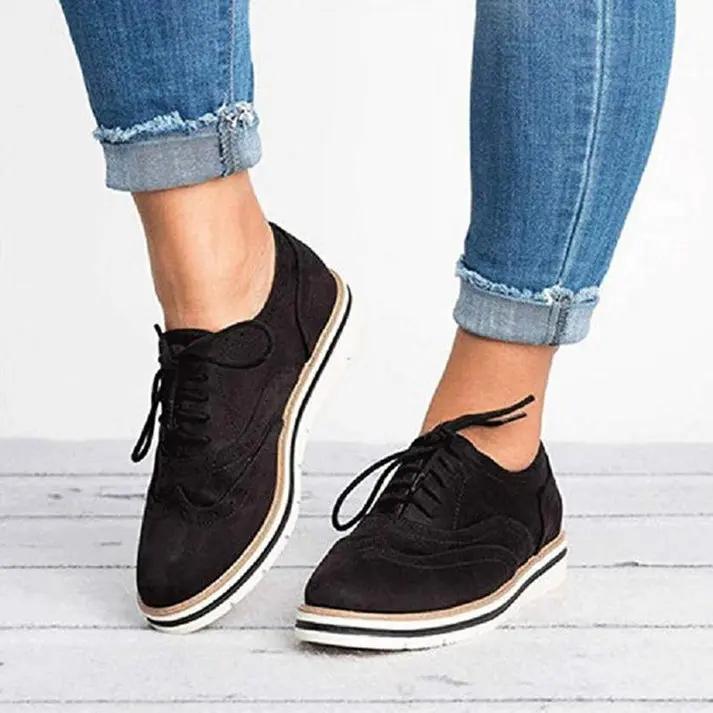 Women's black brown synthetic brogue trainers lace-up flat sole timeless elegant everyday comfort