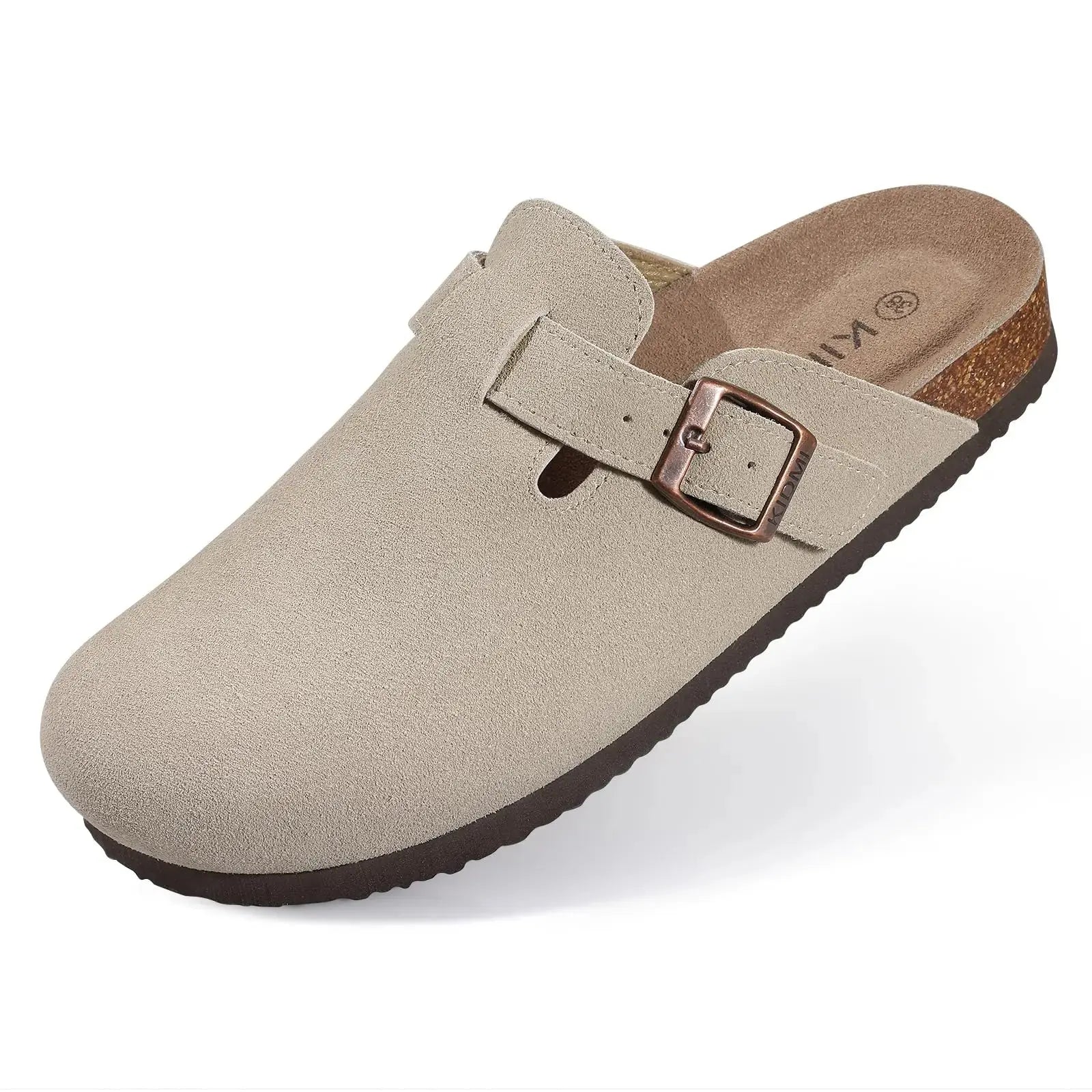 Women's classic slip-on clogs with cork footbed, synthetic suede upper in neutral tone