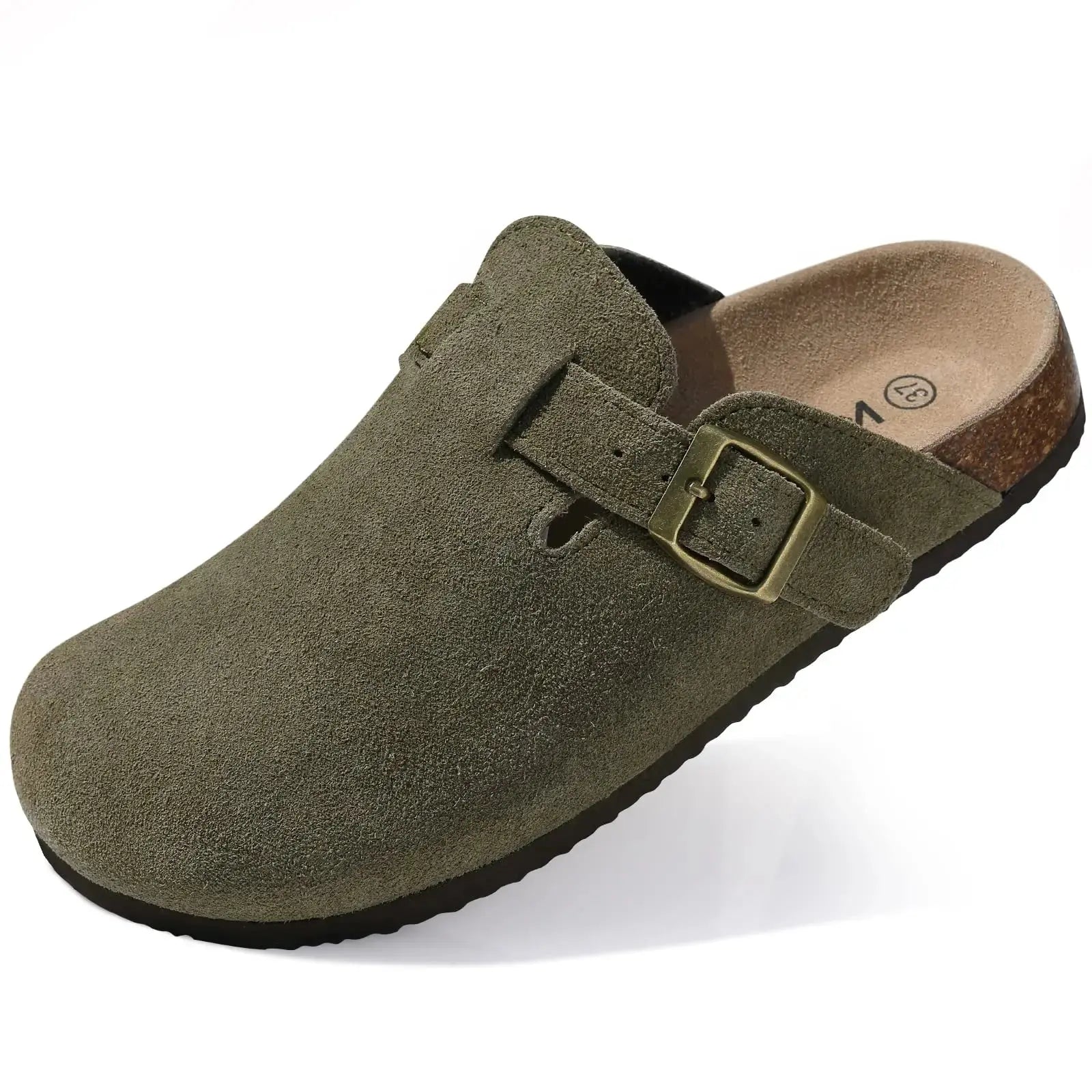 Women's classic slip-on clogs in neutral tones with cork footbed and deep heel cup support